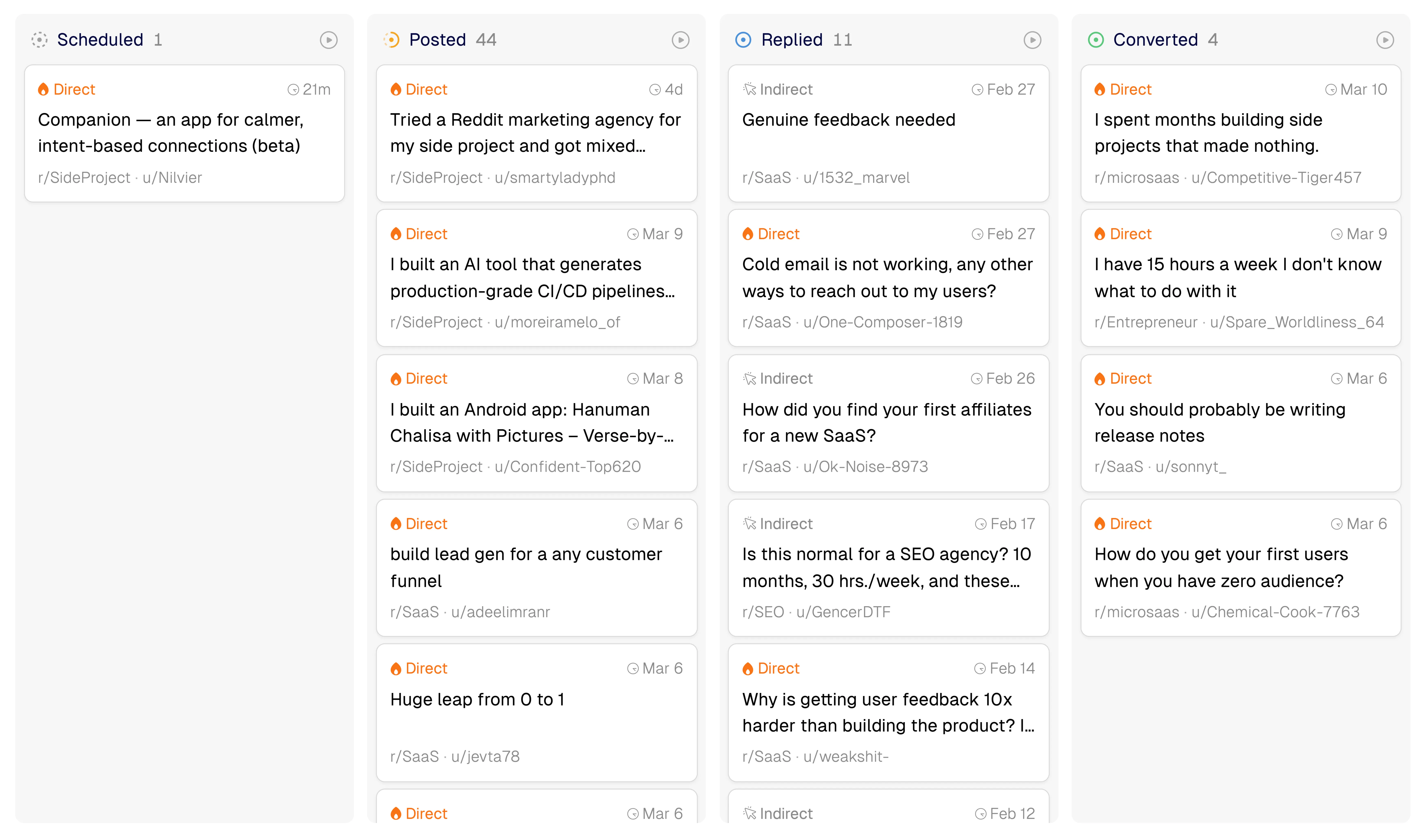 Outreach CRM kanban board